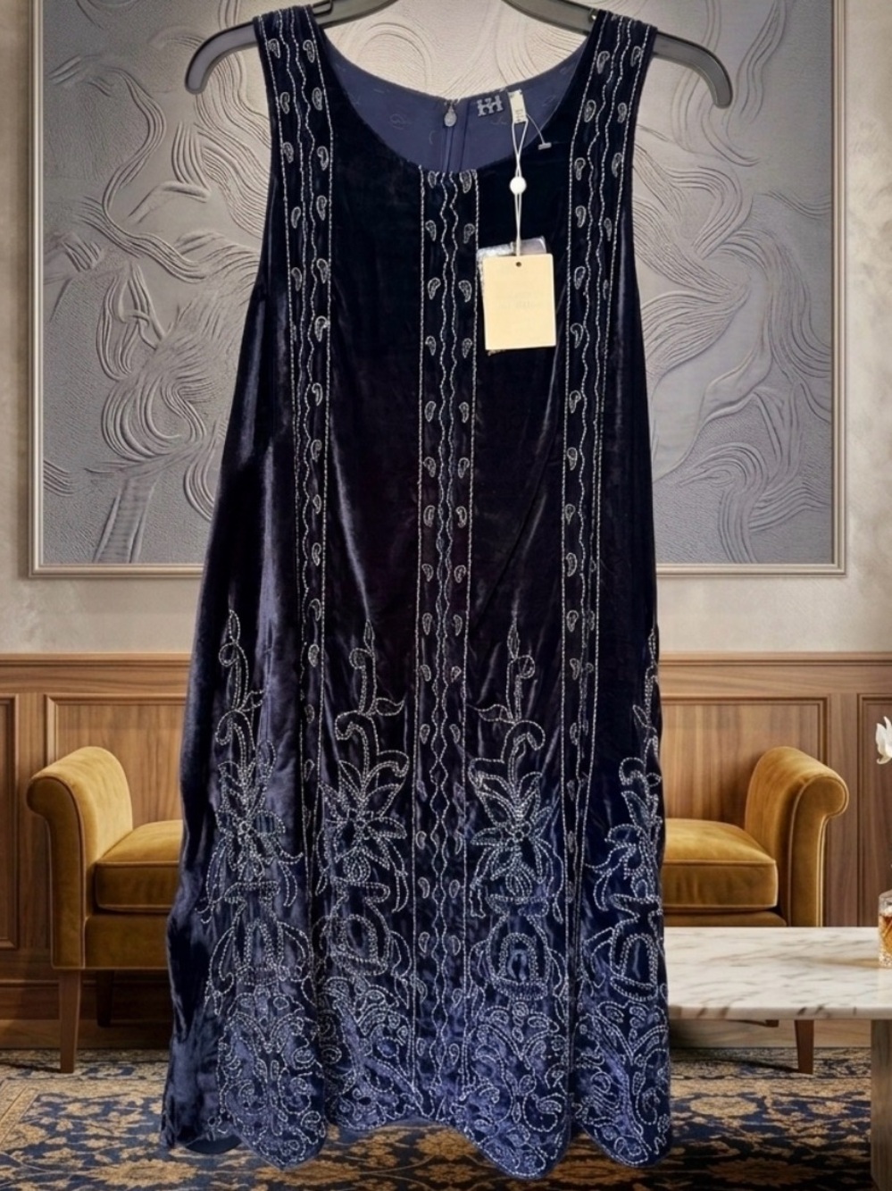Haute Hippie Midnight Blue Western Hand Beaded Silk Velvet Shift Dress NWT